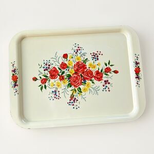 Vintage Metal Serving Tray Set Of 10 Floral Roses Toleware Cottagecore 17.5x12.5